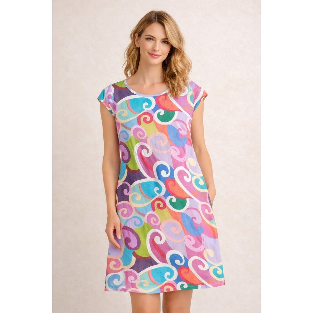 Made in Italy Linen Dress Sz L Multicolor Swirl Pattern Watercolor Art to Wear